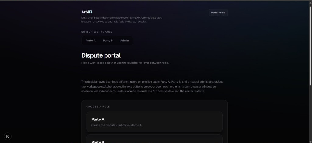 ArbiFi dispute portal UI